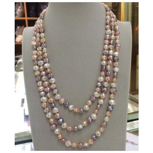Wholesales designer 60" 7-8mm multi color baroque freshwater pearl necklace white peach pink lavender fashion jewelry,gift