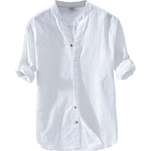 Cotton Linen Casual Shirts For Men Basic Classic White Shirt 2020 Autumn Male Long Sleeve Stand Collar Breathable Mens Clothing