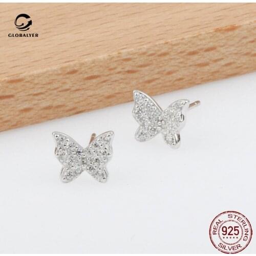 S925 sterling silver full crystal butterfly earrings Niche delicate sweet small fresh butterfly zircon earrings 593