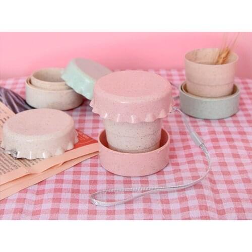 Folding Cup Portable Wheat Straw Travel Mug 130ml Telescopic Drinking Collapsible Cup with Lid Wheat Straw Folding Cup