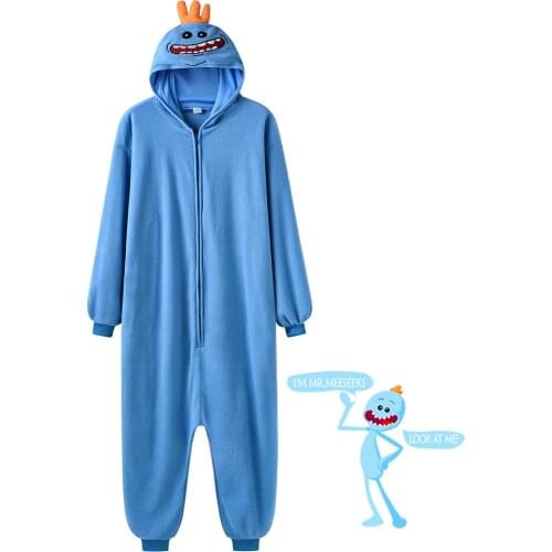 Unisex Onesie Mr Meeseeks Kigurumis 2020 NEW Pajamas Blue Cartoon Overalls Women Adult Zipper Winter Halloween Suit Funny Gift