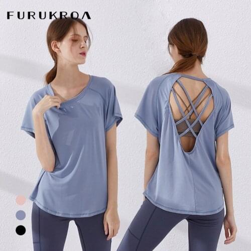 Women Yoga Fitness T-shirt Quick Dry Short Sleeve Slim Sports Shirt Workout Tops Gym Female Summer Backless Sport Wear X305B