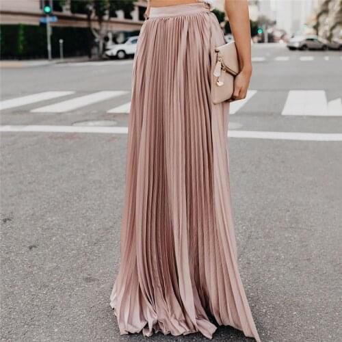 Woman Skirts floor-length Lady Casual Solid High Waist Pleated Skirt Fashion Elegant Robe Femme Feminina Skirts