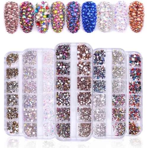 1Box Mix Case Crystal Rhinestones Nails Tips Clear No Hot Fix Glue DIY Glitter Designs Nail Art Manicure Mixed Size 3D Stones