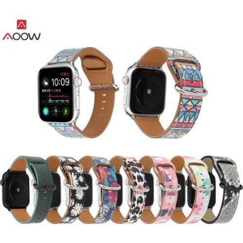 AOOW 44mm 40mm Painted Floral Printed Leather Watchband for Apple Watch Strap 42 38mm Flower Bracelet Wrist for iwatch 5 4 3 2