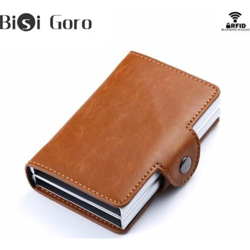 BISI GORO RFID Protector Smart Wallet Men Wallet For Credit Card Minimalist Wallets Aluminum Double Boxes Leather Card Wallet