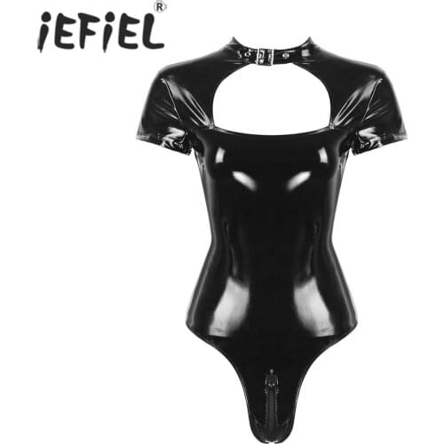 Womens Ladies Wetlook Costumes Clubwear Leather Lingerie Latex Bodycon Zipper Bodysuit for Pole Evening Parties Dancewear