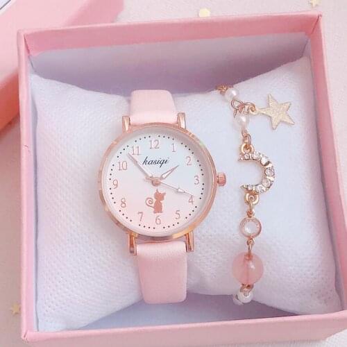 2021 Childrens Set watch Student Fashion Leather Strap Watch Cute Cat Dial Girl Watch Kids Cartoon Children Quartz Watch Gift