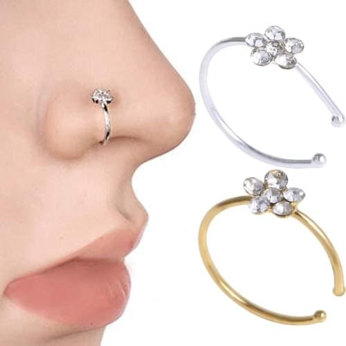 Zircon Flower Non Piercing Nose Rings For Women Girls Simple Elegant Style Nose Ring Thick Silver Gold Plated Fashion Jewelry