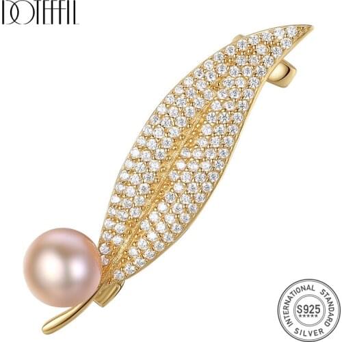 DOTEFFIL 925 Silver Gilt Brooch for Women Inlaid Zircon Pearl leaf Shaped Brooch Women Accessories Brooches Wedding Jewelry Gift