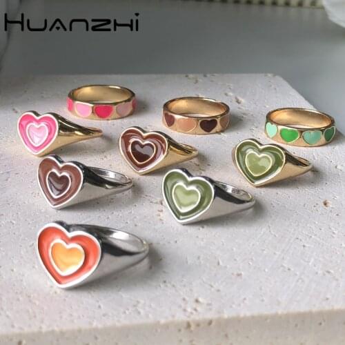 HUANZHI 2021 New Korean Trendy Vintage Double Layer Colour Dripping Oil Heart Metal Rings for Women Couple Ring Jewelry