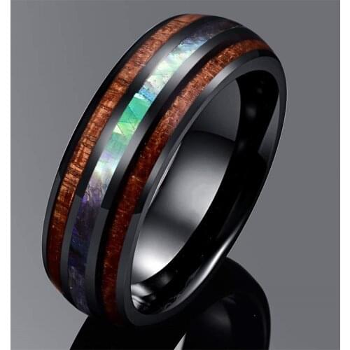 Fashion 8mm Black Stainless Steel Rings Inlay Hawaiian Koa Wood and Abalone Shell Wedding Band Mens Jewelry