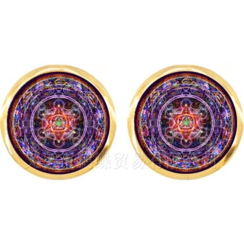 Fashion Stud Earrings OM Yoga Chakra Mandala 12mm Glass Dome Jewels Sacred Geometric Silver/Goden/Antique Bronze Plated Earrings