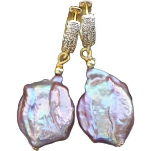 MTC·STAR Z10534 Florid 22mm Peacock Lavender Baroque Coin Keshi Pearl Dangle Earring CZ