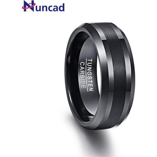NUNCAD 8mm Tungsten Carbide Ring Black Wedding Engagement Band Brushed Center Mens Ring Beveled Edge Comfort Fit Size 7-12