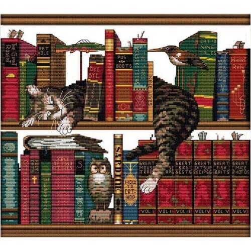 DIY Handmade Needlework Counted Cross Stitch Set Embroidery Kit 14CT Cat on Bookshelf Pattern Cross-Stitching 40 * 36cm Home Dec