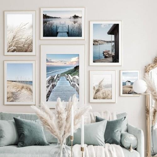 Nordic Morning Sunrise Scenery Beach Bridge Decorative Canvas Painting Wall Art Picture Artistic Poster Living Room Decoration
