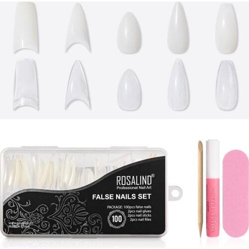 New 100Pcs False Nail Set Natural Transparent White Fake Nails with Free Glues Nail Files Nail Sticks Manicure for Nail Diy