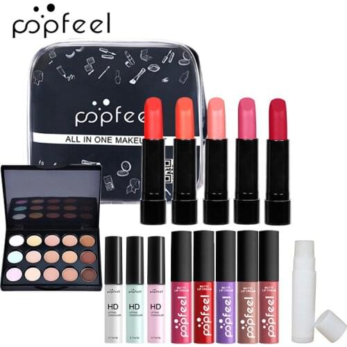 NEW 15pcs Makeup Set Lip Gross Lipstick Concealer Shimmer Glitter Matte Long Lasting Eyeshadow Palette with Bag Maquillaje Mujer