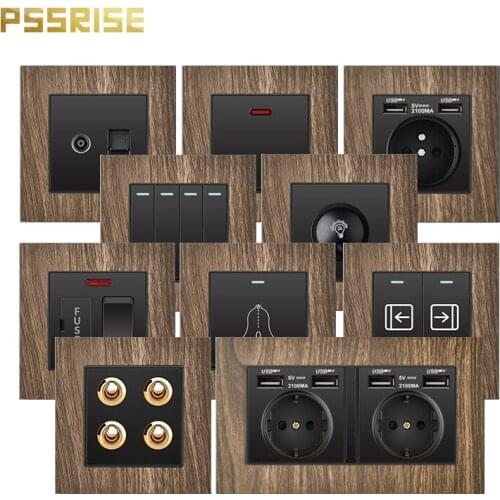 13A universal 3-hole socket with switch, wood grain panel wall mounted socket grounding chamber