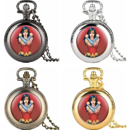 Retro Pocket Watch for Women Stylish Superwomen Pattern Pocket Watches for Girl Arabic Number Dial Quartz Teenager Pocket Watch