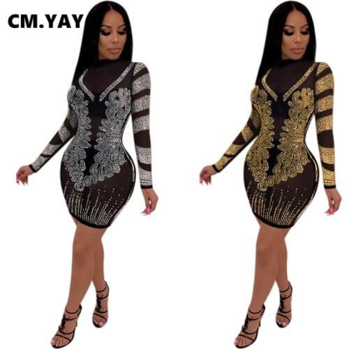 CM.YAYA Hot Rhinestones Patchwork Mesh Midi Bodycon Dress for Women Sexy Club Party Nightwear Long Sleeve Mini Dresses