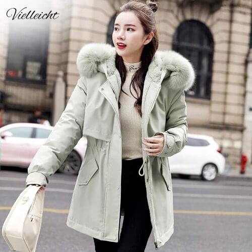 Vielleicht Women Long Winter Jacket Cotton-Padded Thick Drawstring Parkas Fur Liner Winter Coat Female Warm Casual Hooded Outfit