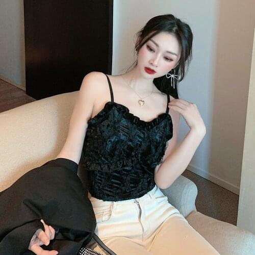 Woman Clothing Summer Sexy Ruffles Crop Tops Camis Tank Women V Neck Womens Camisole Halte Folds Top Chic Black