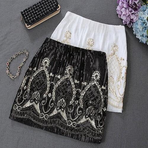 Retro 1920s 2 Colors Party Skirt Geometric High Waist Beaded Sequin Mesh Skirt Women All-match A-line Hip Skirt 7568