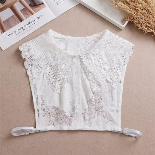 Women Embroidery Hollow Knitted Lace Flower Neckline Lady Basic Fake Collar Detachable False Collar Pullover Lapel Blouse Tops