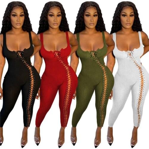 Women Sleeveless Solid Bodycon Jumpsuit Lace Up Sheath Sexy Party Romper Ladies Overalls