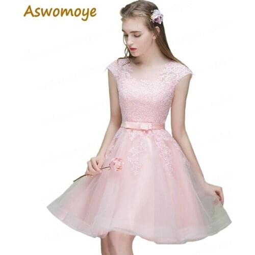 Aswomoye A-Line Short Evening Dress 2018 New Stylish Illusion O-Neck Wedding Party Dress Sleeveless with Bow robe de soiree