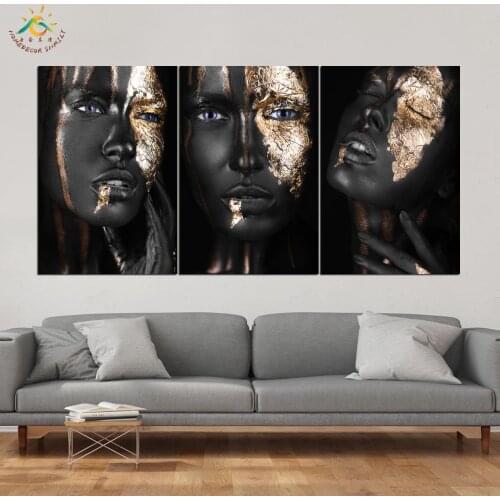 Golden Balck Girl Wall Art HD Prints Canvas Art Painting Modular Picture And Poster Canvas Painting Decoration Home 3 PIECES