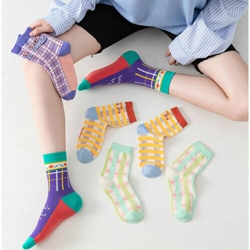 2020 New Personalized Creative Little Plaid Lady Illustration In Tube Socks 75% Cotton 4 Pairs / Pack for Women