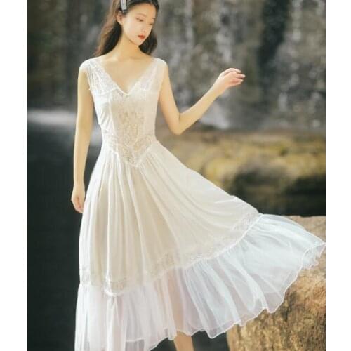 Bohemian Style Retro Big V-neck Sexy Perspective Photo Dresses for Women Hollowed See Through Thin Ruffled Holiday Beach Dress