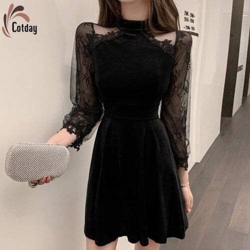 Cotday Lantern Sleeve Women Lace Velvet Party Halter Sexy Vintage 2021 Spring New Lace Dress Slim And Slim Black Casual Velvet