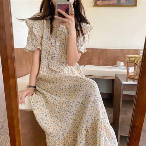 Sweet Floral Print Summer Nightgown Cotton Korean Sleepwear Loose Short Sleeve Ruffles Sleep Dress O-Neck Home Clothes