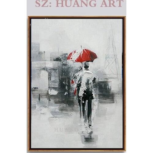 Selling modern artist hand-made quality red umbrella romantic oil painting lovers kiss the rain wall pictures of porch is