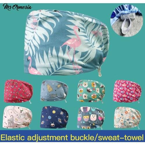 Adjustable Pet Beauty Work Hats with Sweat-absorbent Cartoon Print Cap Elastic Buckle 100%cotton Health Service Scrubs Women Hat