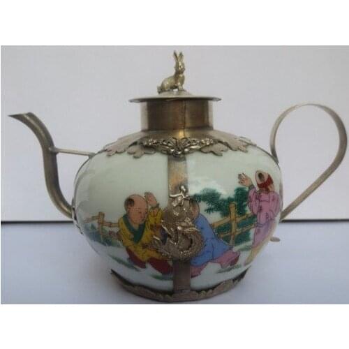 Crafts Arts 2pcs Chinese Tibetan silver teapot ceramic flagon shipping Vintage Garden 100% Tibetan silver BRASS