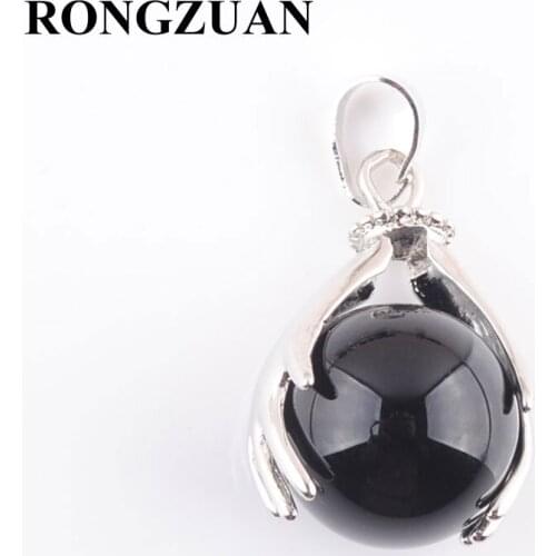 RONGZUAN Natural Black Agates Round Ball Stone Beads Silver Plated Hands Palm Pendants Reiki Chakra Healing Jewelry 1Pcs TN3148