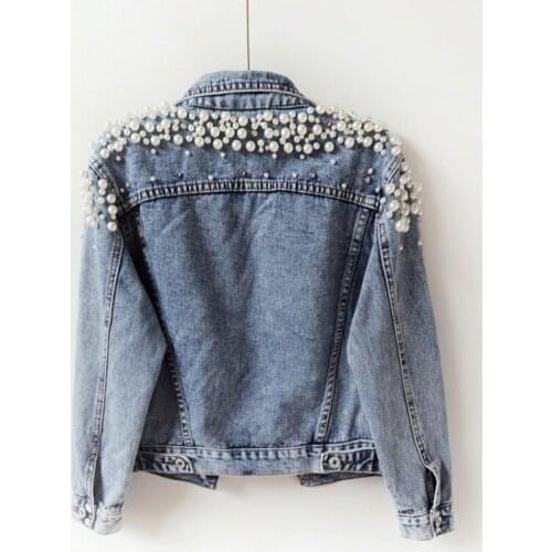 Harajuku Women Short Denim Jacket Casual High Street Slim Fit Crystal Pearls Beading Jean Jacket Female Outerwear Coat Tops 3XL