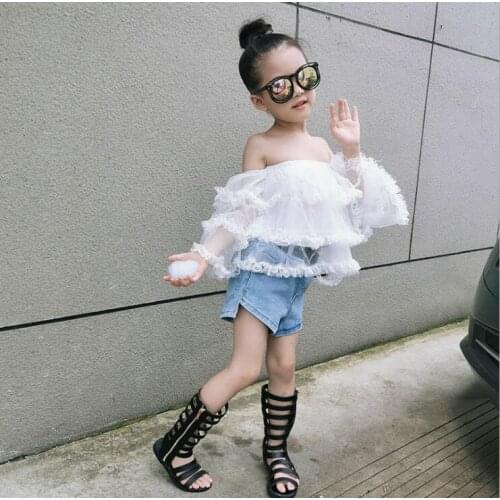 2020 Korea style girls ruffles lace shirt fashion summer girls top 3-8t F436