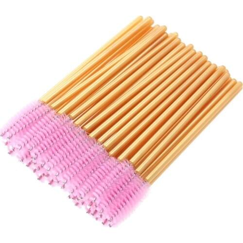 50 Pcs Disposable Eyelash Brushes Mascara Wand Applicator Colored Makeup Brushes Protable Eyelash Volume (Gold Rod, Pink Brush)
