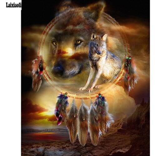 5D Diy Diamond Painting Indians Dream catcher Animals Wolf Full square Round Drill 3d Embroidery Cross Stitch Mosaic Home Deor