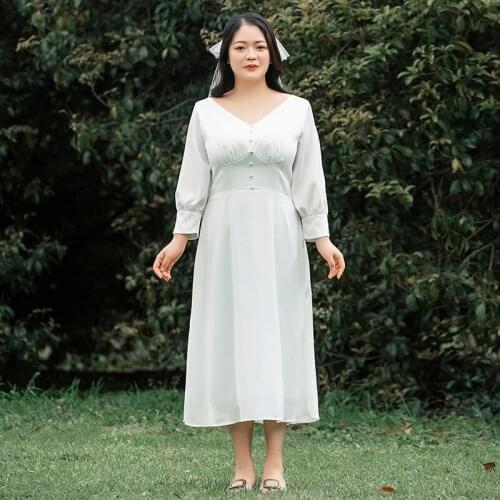 White Button V-Neck Evening Dress Fashion Full Sleeves Empire Ankle-Length Zipper Back A-Line Plus Size Women Formal Gowns D1208