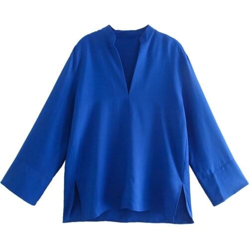 TRAF Za Top Women Blouses 2021 Autumn Blue Oversized Shirt Woman Long Sleeve Top Vintage Clothing Loose Irregular Women Blouse