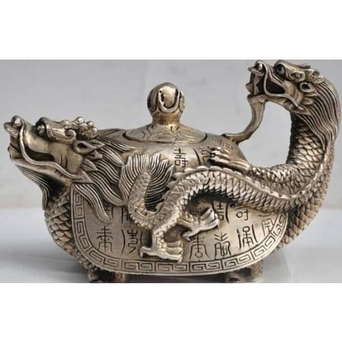 DECORATION BRONZE FACTORY OUTLETS TIBET SILVER 6"CHINA FENGSHUI SILVER DRAGON TURTLE LONGEVITY LUCKY STATUE WINE TEA POT FLAGON