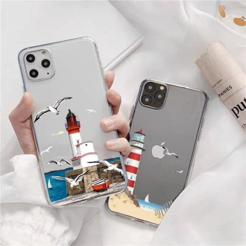 Hand Painted Lighthouse Print Bird Seagull Clear Phone Case for iphone 11 12 Pro Max X XS MAX XR 6s 7 8 Plus SE 2020 Soft Cover