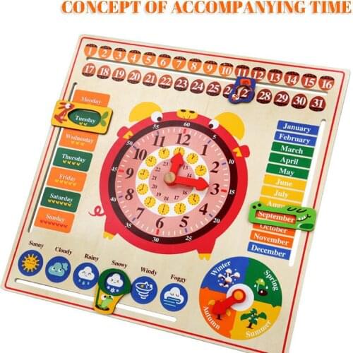 Wooden Multifunctional Calendar Clock Childrens English Early Childhood Education Puzzle Hanging Board